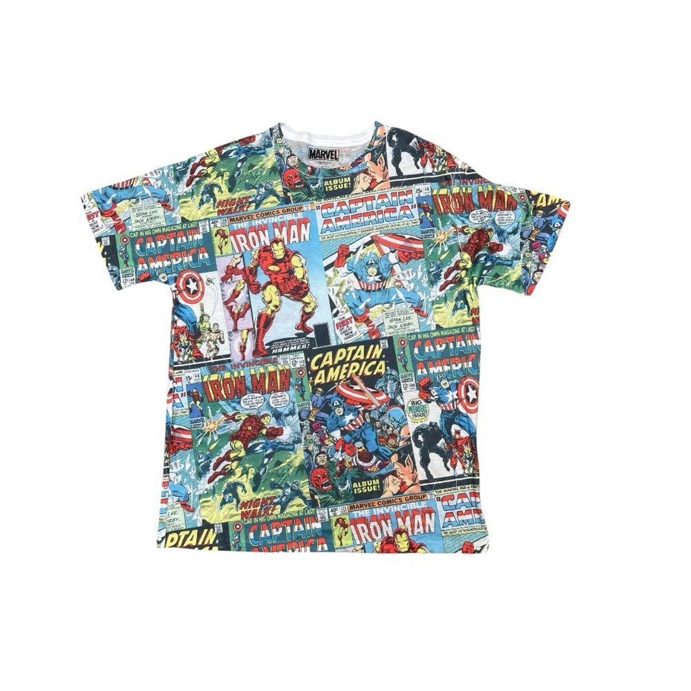 Marvel Comic Book All Over Print T-Shirt Iron Man Captain America Retro Tee Sz L